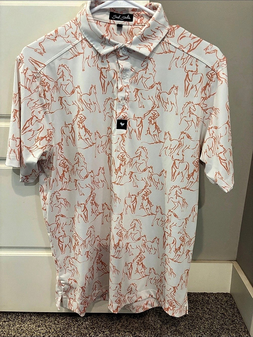 Bad Birdie Wild Horses Performance Golf Polo White & Orange Small